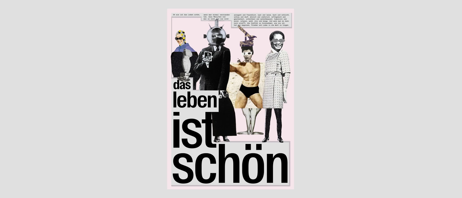 Pink poster with four collaged figures and the title “das leben ist schön”.