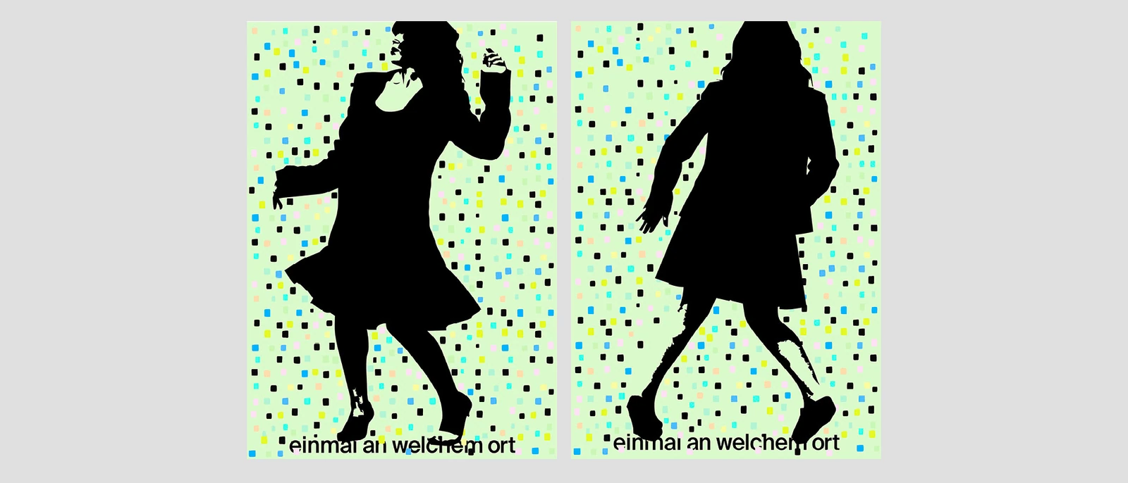 Black silhouette poster on a pale green dotted background.