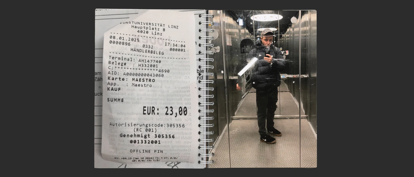 Open thesis spread with a receipt and a mirror self-portrait.