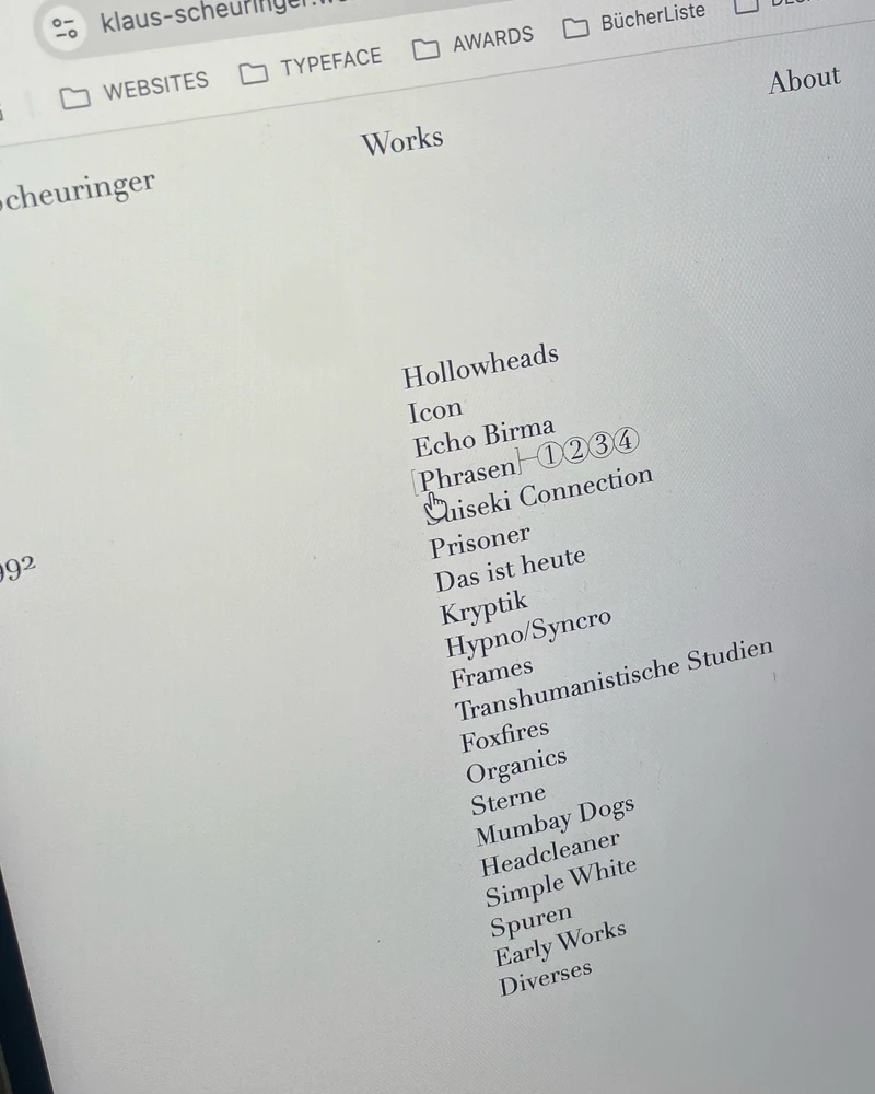 Klaus Scheuringer website showing the works index.