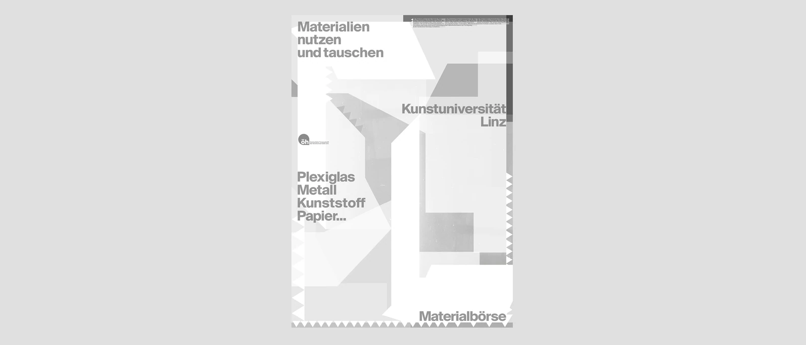 Grey poster with layered geometric shapes and large text.