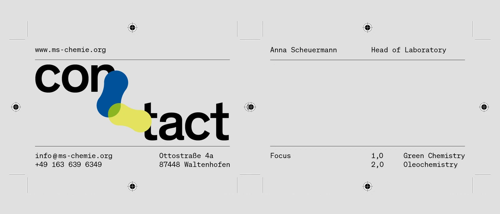 Business card design with the contact wordmark and colored shapes.
