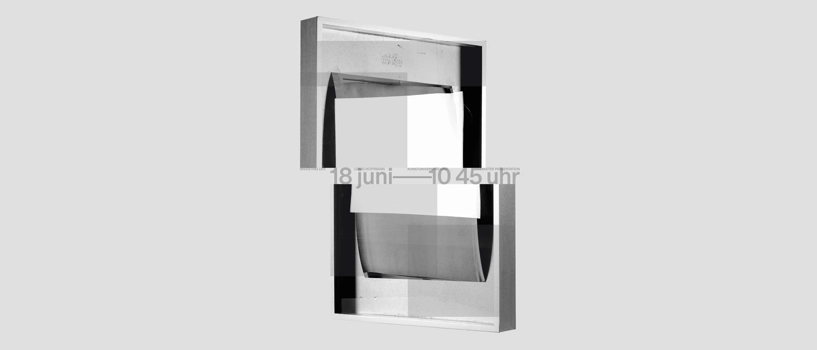 Black-and-white presentation poster with a layered photograph and large date and time.